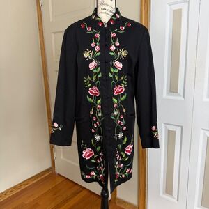 Victor Costa Womens LG Black Floral Embroidered Mandarin Jacket Longline Classy